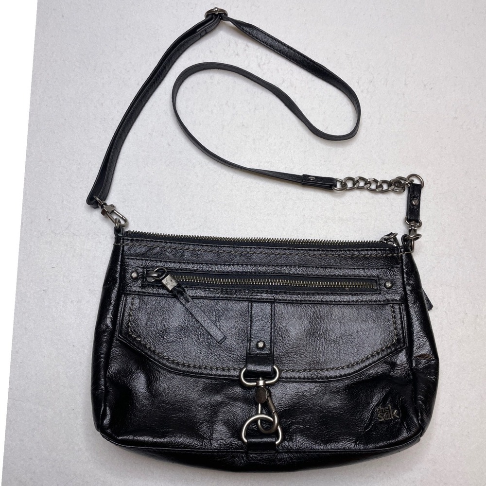 The Sak Women Crossbody Bag Leather Lobster Clasp Zip Pockets OS Black